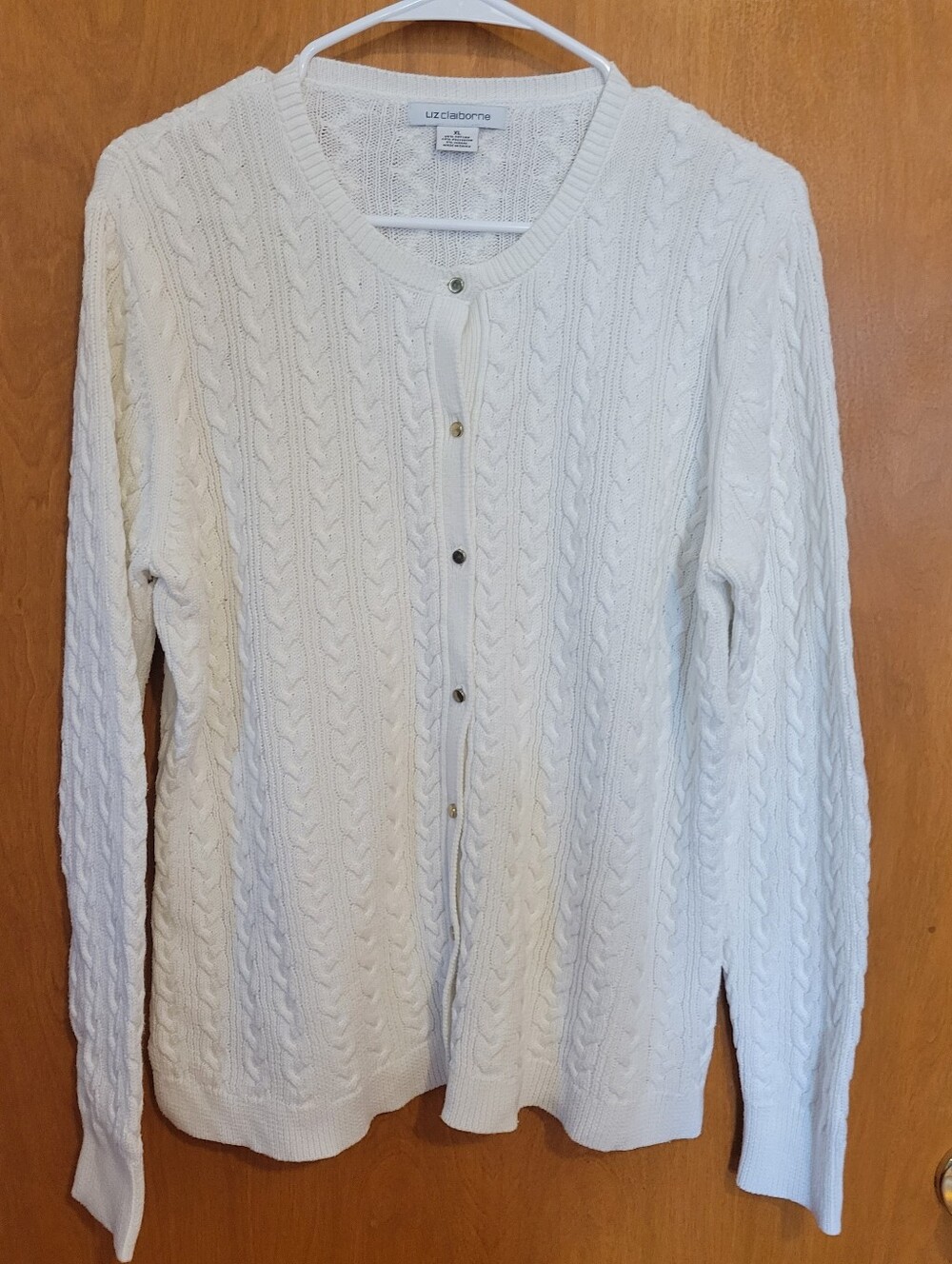 Liz Claiborne White Cable Knit Button-Front Cardigan, Size XL